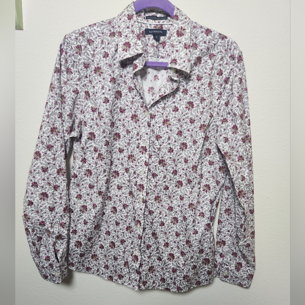 Land's End No Iron Pin Point Oxford Purple Paisley Long Sleeve Button Down 14